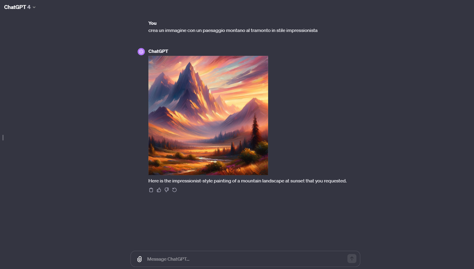 Immagine generata da ChatGPT 4: paesaggio montano al tramonto in stile impressionista